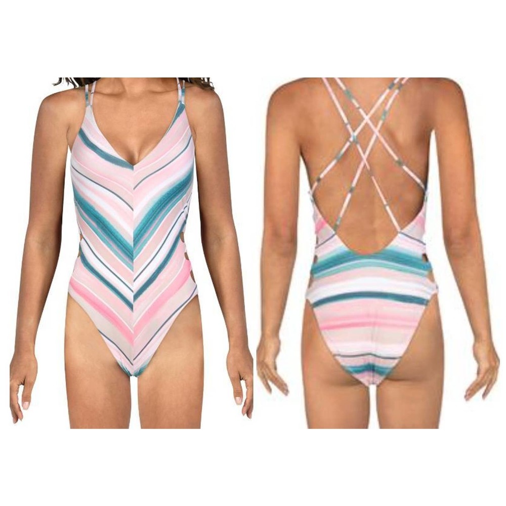 Bikini Lab Women's One Piece Swimsuit Size XXL V-Plunge‎ Striped Thong Strappy